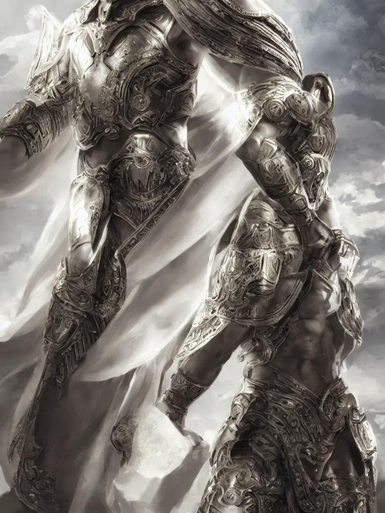 Prompt: male divine and rogynous gorgeous, with a white gold high angelic armor, symmetrical, full body, dark epic, roman toga, cinematic lighting, heaven background, concept art, highly detailed, photorealistic, 4 k, mist, octane render, unreal engine, hyper detailed, volumetric lighting.