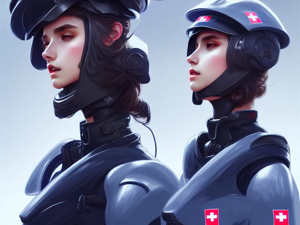 Image similar to portrait futuristic swiss police uniform female, at future neon light rooftop, ssci - fi and fantasy, intricate and very very beautiful and elegant, highly detailed, digital painting, artstation, concept art, smooth and sharp focus, illustration, art by tan zi and ayanamikodon and alphonse mucha and wlop