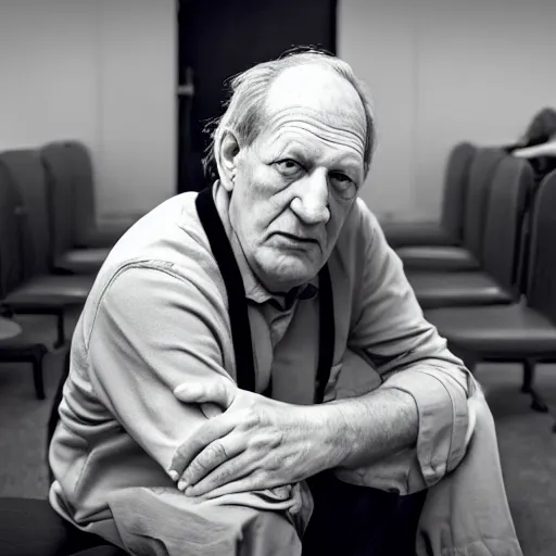 Image similar to wide angle portrait of werner herzog sitting alone in the waiting area of the dmv wearing a birthday party hat. wide shot, ansel adams, award winning, hyperrealistic, grand budapest hotel, studio lighting, very detailed face, chiaroscuro, film noir