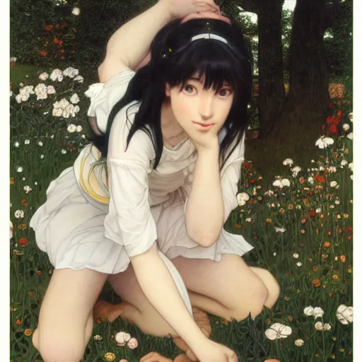 Prompt: A young woman with black long hair and ponytail hairstyle in shorts and white shirt and chucks drawn by Donato Giancola and Makoto Shinkai, Edmund Leighton, Alphonse Mucha, background by James Jean and Gustav Klimt, 4k, porcelain skin, volumetric lighting, komorebi, french nouveau, trending on artstation, octane render, hyperrealistic