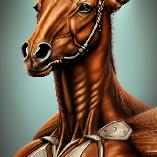 Prompt: portrait of a humanoid horse, muscular, upper body, hairy torso, fantasy, intricate, elegant, highly detailed, digital painting, artstation, concept art, matte, sharp focus, illustration