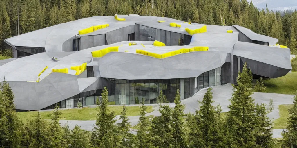 Image similar to large futuristic residence, gray concrete, yellow metal pipes, many large green windows, pacific northwest, triangular elements