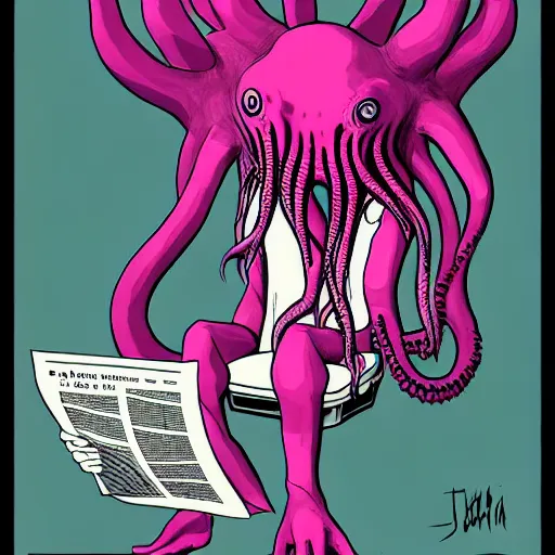 Image similar to humanoid cthulhu is in a pink and girly bathroom, he is sitting on a toilet, he is reading a newspaper. The mood is friendly and welcoming. dungeons and dragons style, highly detailed, digital painting, artstation, concept art, sharp focus, illustration, art by Josh kirby and John romita jr and moebius