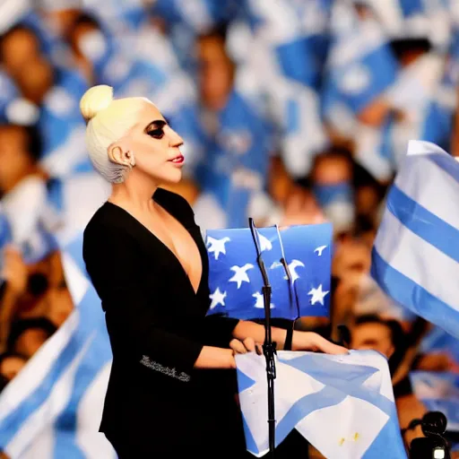 Image similar to Lady Gaga as president, Argentina presidential rally, Argentine flags behind, bokeh, giving a speech, detailed face, Argentina