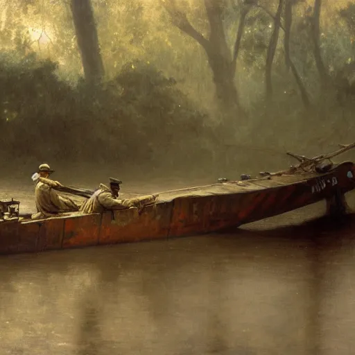 Image similar to wide jungle river army patrol boat tail of a crashed plane in the water ancient statues on the river banks, moody ambience, fog, smoke, dramatic, oil painting by repin, mucha, zorn, 4 k, trending on artstation