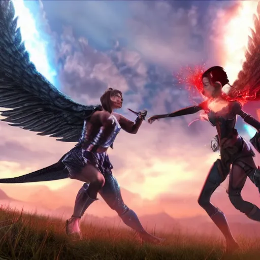 Image similar to an epic battle between a female angel and male demon locked in mortal combat flying through the air, cinematic, excellent lighting, fully rendered, clouds in the background