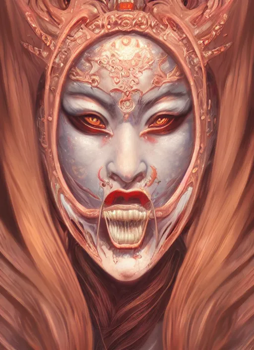 Image similar to a beautiful detailed oil on copper art illustration of a japanese namhage mask devil woman, centered, by charlie bowater, zeng fanzh, trending on artstation, dim dusk lighting, cinematic lighting, detailed lighting, volumetric lighting, realistic, f 8, 4 k hd wallpaper