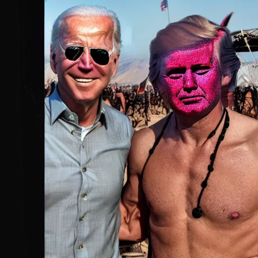 Image similar to a highly very very detailed photo of Joe Biden with ((plasma eyes)) attending Burning Man on the Playa with an Anarcho-primitivist Donald Trump survivalist covered in body glitter, very very detailed, photorealism, Photoshop, very coherent, HD