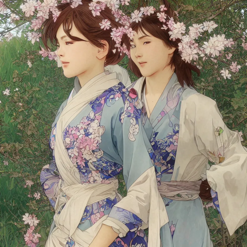 Prompt: portrait of a girl, sakura tree in background, yukata clothing, battlefield in background, anime style, short hair, hair down, symmetrical facial features, realistic hands, hyper realistic, 4 k, extreme detail, detailed drawing, trending artstation, realistic lighting, by alphonse mucha, greg rutkowski, sharp focus, backlit