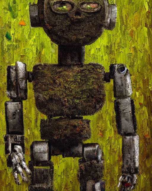 Image similar to detailed oil painting of a decayed, rusty, humanoid robot, covered in moss