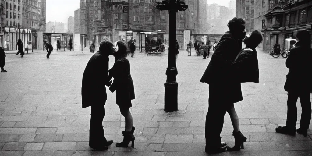 Image similar to street photo, couple of man and woman kiss on the background of the war, film photography, exposed b & w photography, christopher morris photography, bruce davidson photography, peter marlow photography