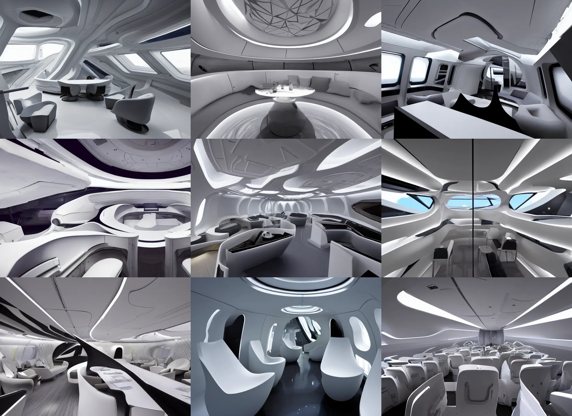 Prompt: the interior of a modern family spacecraft, designed by zaha hadid