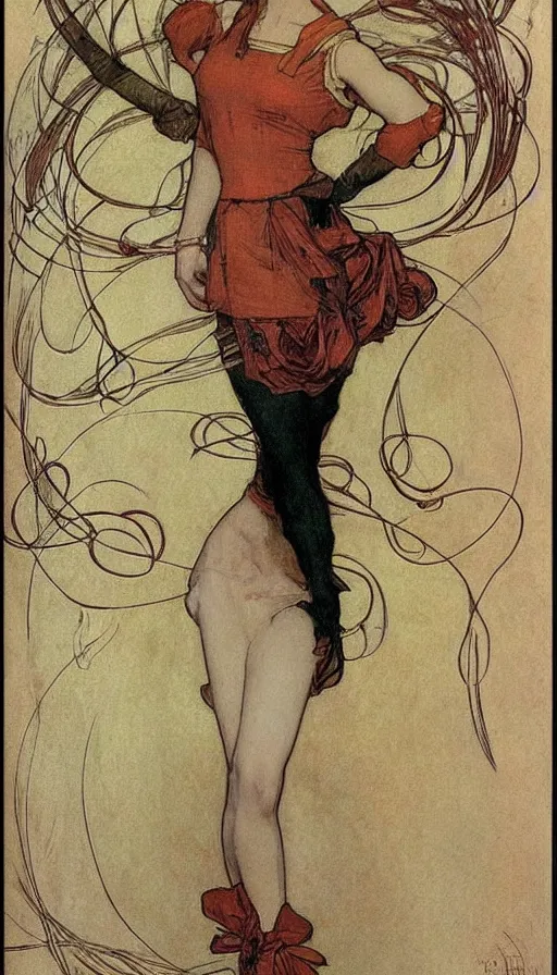 Image similar to beautiful redhead with a bow around her waist, ornate, mucha