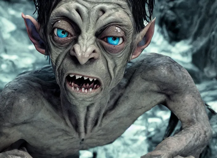 Image similar to ice poseidon playing as Gollum in The Hobbit (2012) , 35mm photography, highly detailed, cinematic lighting, dystopian, grunge 4k