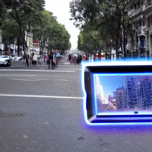 Prompt: Buenos Aires, futuristic, flying cars, futuristic hologram screens in the street