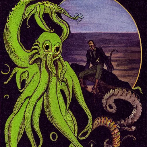 Prompt: A man riding Cthulu