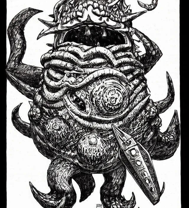 Prompt: a nintendo octorok as a d & d monster, pen - and - ink illustration, etching, by russ nicholson, david a trampier, larry elmore, 1 9 8 1, hq scan, intricate details, high contrast, no background