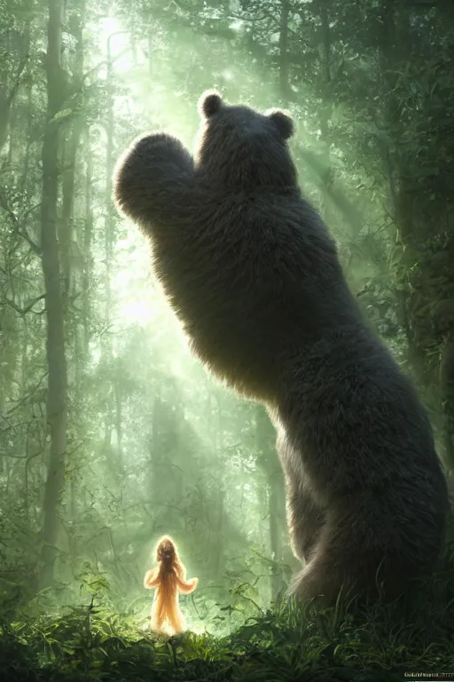 Image similar to mean fluffy teddybear protecting girl in a forest with rays of light coming through the canopy, masterpiece, dystopian, sci-fi, extremely detailed, digital painting, sculpted in zbrush, artstation, concept art, smooth, sharp focus, illustration, chiaroscuro lighting, golden ratio, incredible art, artgerm, greg rutkowski, alphonse mucha, simon stalenhag, carravaggio