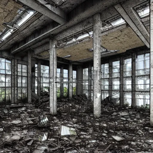 Prompt: a brutalist ruin, abandonned building in the forest in russia, building facing, reflections, broken windows, collapsed walls, symmetry, highly detailed, golden ratio, black and white color scheme, etching render