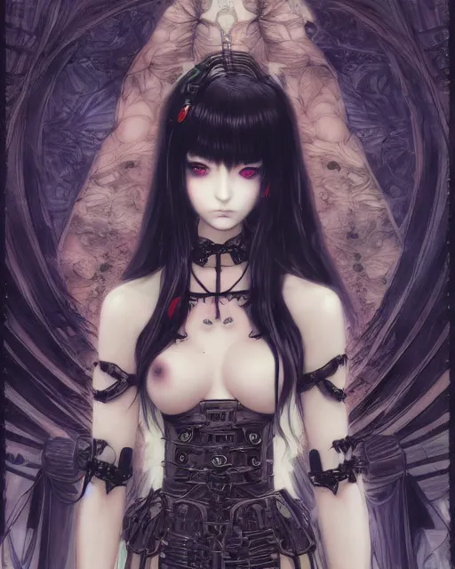 Image similar to portrait of cute beautiful young gothic anime maiden, cyberpunk. Anime, Warhammer, highly detailed, artstation, illustration, art by Gustav Klimt and Range Murata