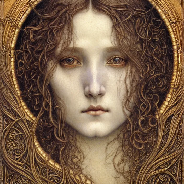 Image similar to detailed realistic beautiful young medieval queen face portrait by jean delville, gustave dore and marco mazzoni, art nouveau, symbolist, visionary, gothic, pre - raphaelite. horizontal symmetry