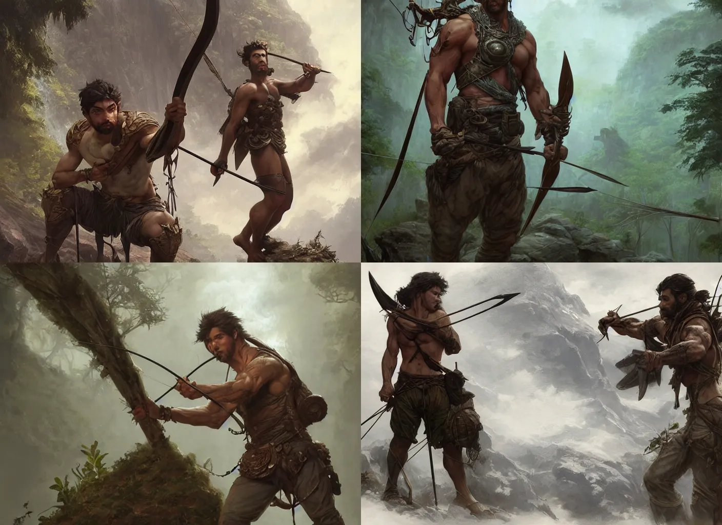 Prompt: ''Artstation concept of a rugged adventurer holding a bow, musculous, high body detail, leather armour, Rainforest background, cgsociety, by Makoto Shinkai, by Gustave Doré, by Marco Turini, by Artgerm, Deviantart in the style of Tom Bagshaw, Cedric Peyranavernay, Peter Mohrbacher''
