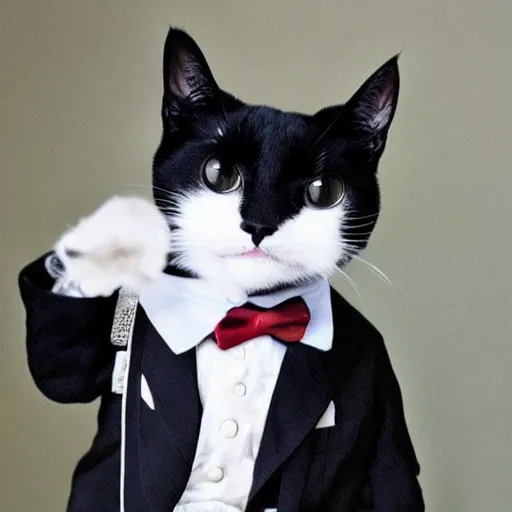 Image similar to a tuxedo cat dressed up as queen elizabeth