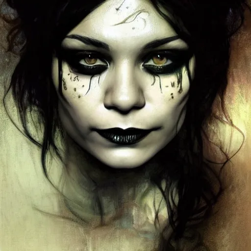 Image similar to beautiful portrait of vanessa hudgens as death from sandman, smiling, by cedric peyravernay, alphonse mucha, by jeremy mann, by lecouffe deharme, goth chic, soft lightning, eyeliner, punk rock, high detailed, 8 k