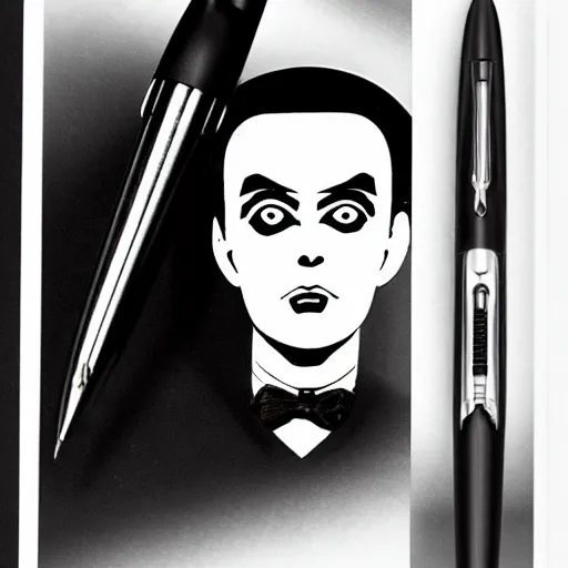 Prompt: a high quality product photo ad of klaus nomi with a technical reed rollerball pen exacto knife made in switzerland by junji ito and joseph cornell, ethereal eel