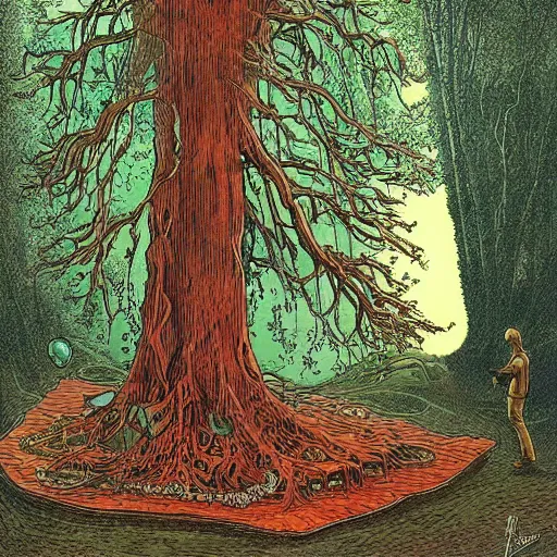 Image similar to a large tree growing from a floating crystal, by moebius