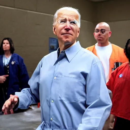 Prompt: Joe Biden in a prison jumpsuit in prison