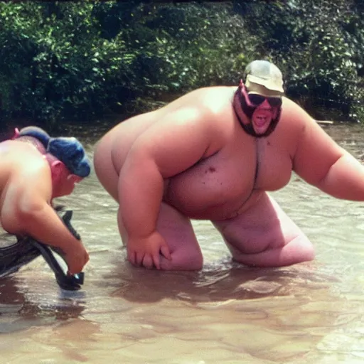 Prompt: a leaked, dramatic, color photo of a fat man caught the worlds largest toad. the fat man is very very sweaty, has long blonde hair, is wearing a swimsuit, 1 9 9 8 sunglasses and he is screaming in pleasure