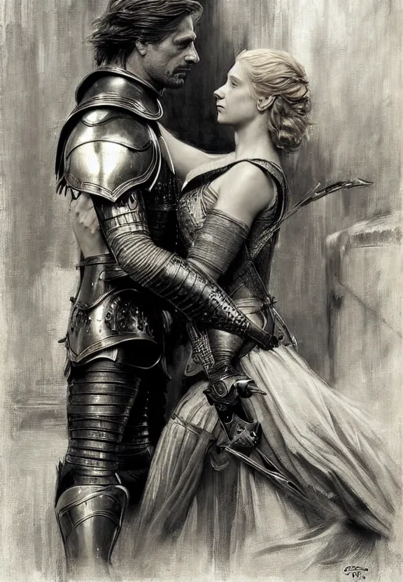 Image similar to attractive handsome fully clothed jaime lannister confesses his love for attractive fully armored brienne of tarth. wow! romance!! highly detailed painting by gaston bussiere and j. c. leyendecker 8 k