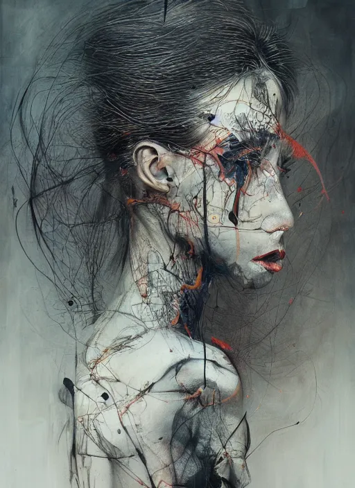 Prompt: a detailed portrait, transparent acrylic brush strokes, abstract, fine art pencil lines, chaos on canvas, award winning realistic painting, black smoke, character design, rule of thirds, transparent artwork, transparent holes, by chiara bautista and beksinski and norman rockwell and tom bagshaw