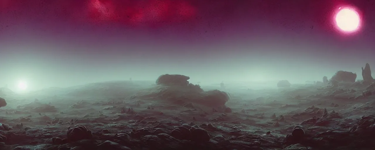 Prompt: ” outer planet with thick fog and alien artefacts, [ cinematic, detailed, epic, widescreen, opening, establishing, mattepainting, photorealistic, realistic textures, octane render, art by paul lehr ] ”