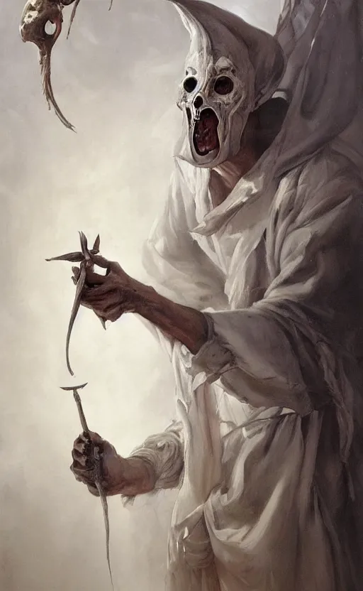 Image similar to a painting of a white robed magician behind a table, right hand points up holding a wand, left hand points down, cup, sword, pentacle, wand, a surrealist painting by marco mazzoni, peter mohrbacher, nychos, cgsociety, neo - figurative, detailed painting, rococo, oil on canvas, biomorphic, lovecraftian