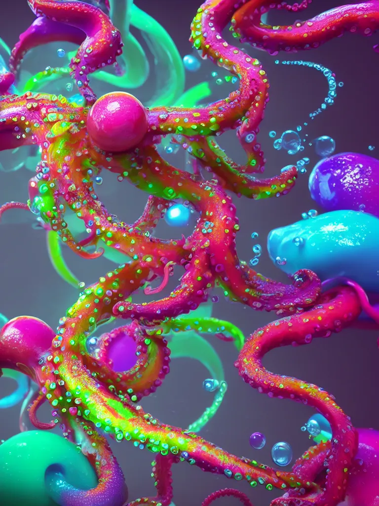 Image similar to colorful liquid octopus tentacles, beeple, octane render, hyper detailed painting, particles, bubbles