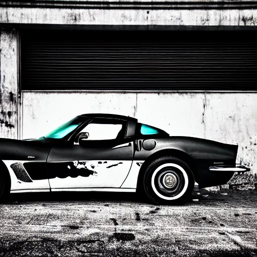 Image similar to black and white press photograph of a rusted abandoned chevrolet corvette 2 0 2 2 on an empty abandoned city street, full view, detailed, natural light, mist, film grain, soft vignette, sigma 5 0 mm f / 1. 4 1 / 1 0 sec shutter, imax 7 0 mm footage