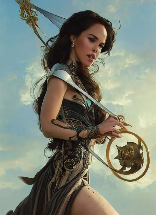 Image similar to portrait of Catriona Gray as a ever reaching swashbuckling Goddess of despair, a futuristic diety, fantasy, intricate, elegant, human anatomy, natural light, golden hour, highly detailed, digital painting, artstation, concept art, smooth, sharp focus, illustration, art by brom, tian zi and WLOP and alphonse mucha, masterpiece, 3d blender, mitch foust, Clyde Caldwell