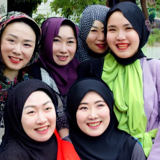 Prompt: group of chinese muslim women smiling at the camera