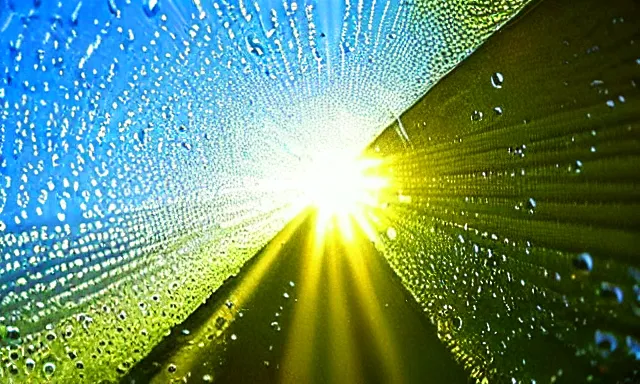 Prompt: beautiful picture of a sunny blue sky with a magical vertical cylindrical tunnel of big upside-down raindrops floating quietly