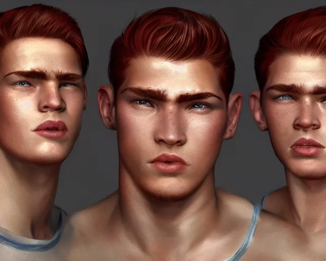 Prompt: portrait stocky of 1 9 - year - old male twins with red hair and freckles, two male, wearing shirts,, hyper realistic face, beautiful eyes, character art, art by mark brooks, hyperdetailed, cryengine, trending on artstation, digital art