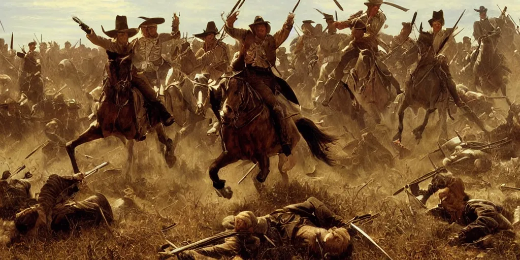 Image similar to the Texas revolution, battle scene, cinematic, epic, amazing, wow, beautiful painting, by Ted Nasmith