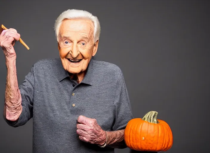 Image similar to studio portrait photo still of bob barker!!!!!!!! at age 7 3 years old 7 3 years of age!!!!!!! eating a pumpkin empanada, 8 k, 8 5 mm f 1. 8, studio lighting, rim light, right side key light