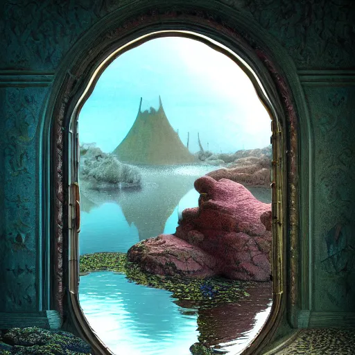 Prompt: hyperrealstic random objects in a surreal dreamscape environment by salvador dali, highly detailed, 3 d render, vray, octane, realistic lighting, photorealistic, colorful, intricate, elegant, wayne barlowe, water, mirrors, doorway, beautiful, masterpiece