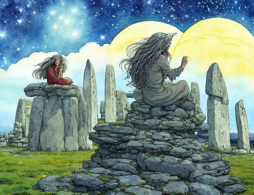 Image similar to a hyperrealist studio ghibli watercolor fantasy concept art of a giant long haired grey witch in lotus position sitting on top of the stones of stonehenge with a starry sky in the background. a ufo is in the sky. by rebecca guay, michael kaluta, charles vess