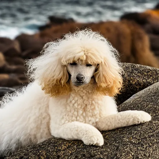 Prompt: cross between a poodle and a leppard seal, basking on arctic rocks, fluffy white curly fur, award winning photography