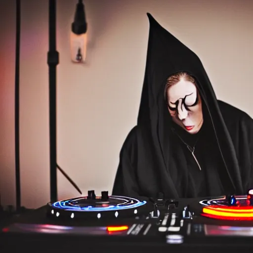 Image similar to a witch wearing a dark hooded cloak on the dj decks