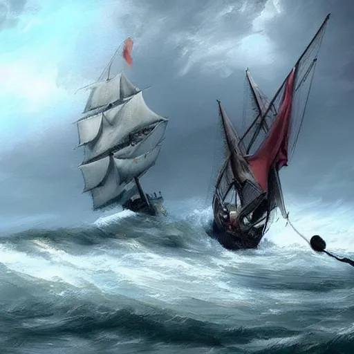 Image similar to stunning painting of a man holding the wheel on a schooner ship during a strong storm, epic concept art