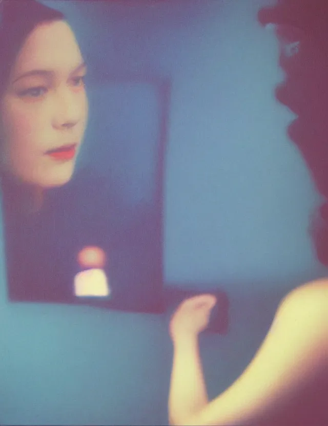 Prompt: woman watching tv screen in dark room, side view, blue rays, redshift, wide shot, coloured polaroid photograph, pastel, kodak film, hyper real, stunning moody cinematography, by maripol, fallen angels by wong kar - wai, style of suspiria and neon demon, david hockney, detailed, oil on canvas